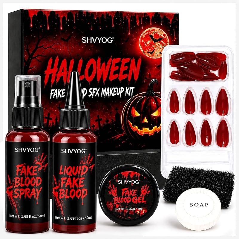 6PCS Halloween Fake Blood SFX Makeup Kit, Fake Blood Spray, Dripping Blood and Coagulated Blood Gel, Red Nail Sticker