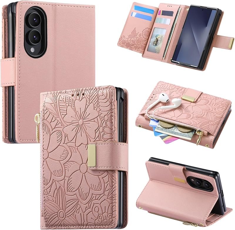 Dteck for Galaxy Z Fold 8 Wallet Case, Embossed Floral PU Leather Folio Phone Case with Card Holder Slots, Zipper
