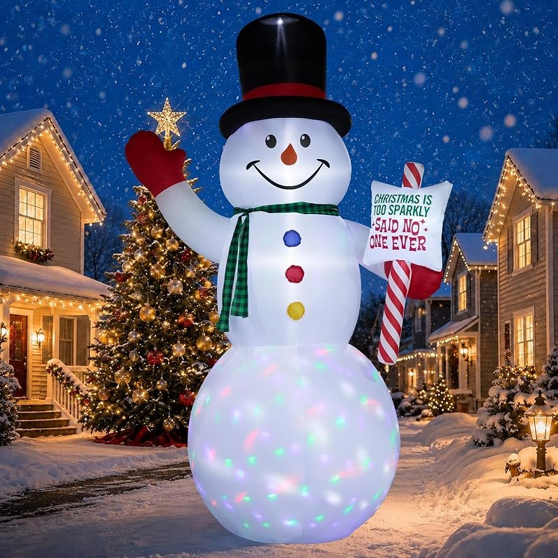 15FT Christmas Inflatable Snowman Outdoor Decoration, Giant Blow Up Snowman with Rotating Colorful LED Lights & Dual