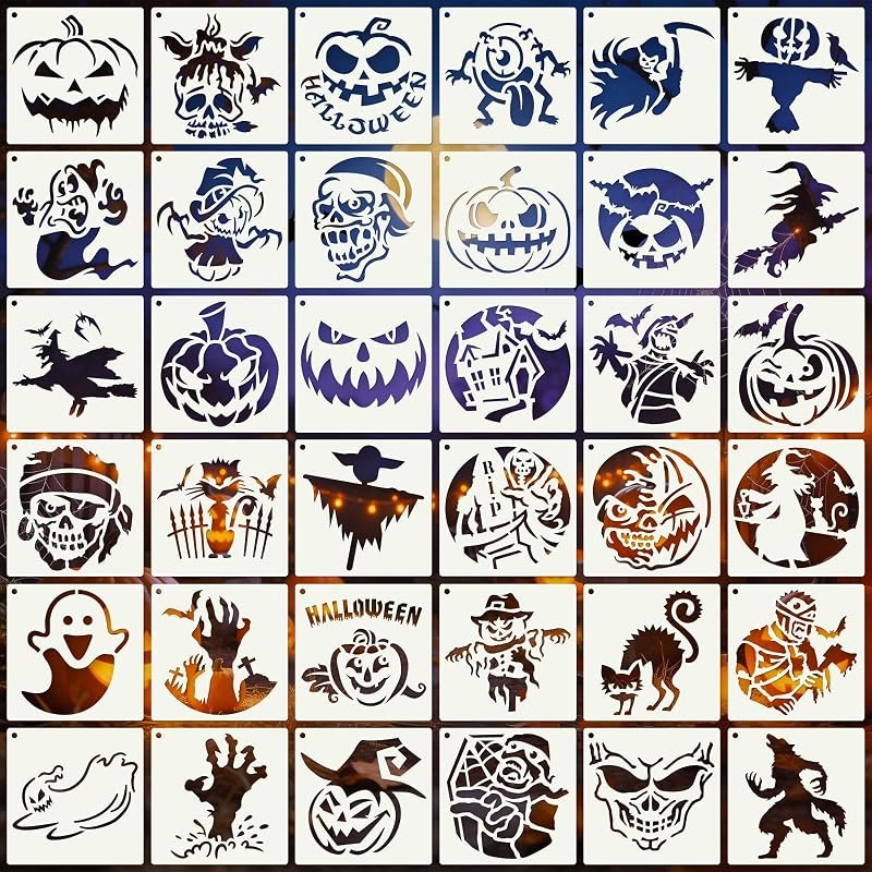36Pcs Halloween Ghost Pumpkin Stencils for Crafts Reusable (5.9X5.9 Inch) — Pumpkin Stencil Kit for pumpkin stencil kit
