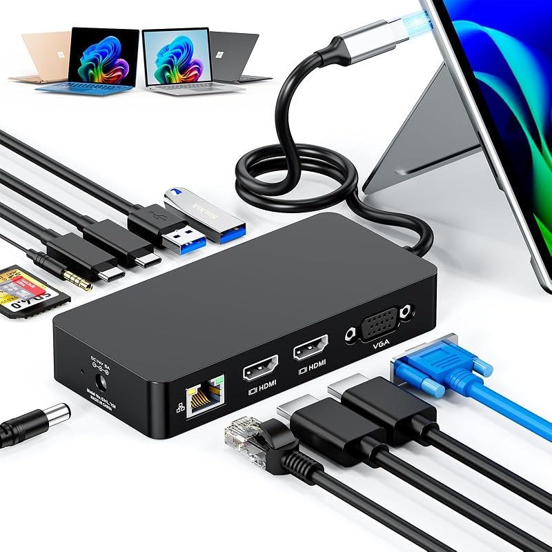 Surface Thunderbolt 4 Dock Triple Displays 4K HDMI*2+VGA, 12 in 1 Surface Pro Docking Station with 100W Power Adapter