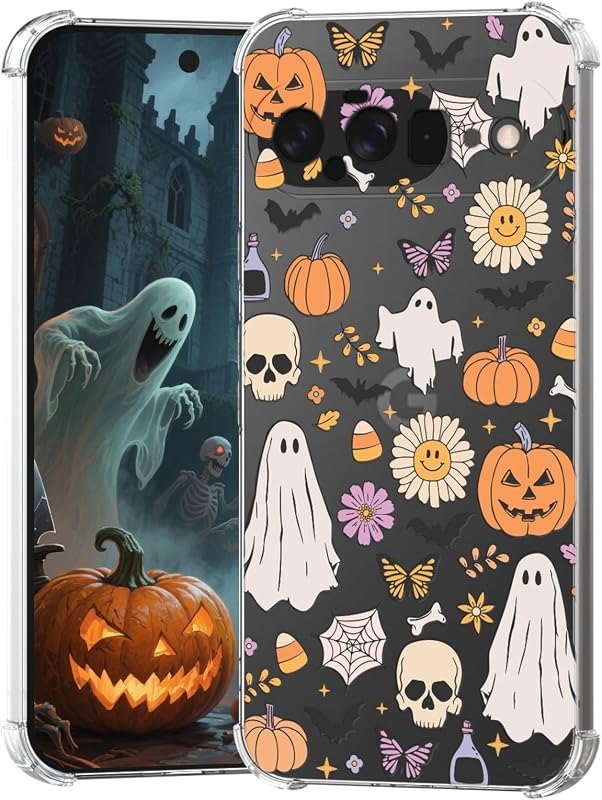 for Google Pixel 11 Case Halloween Ghost Pumpkin, Cute Butterfly Spider Web Design Women Girls Shockproof Soft TPU