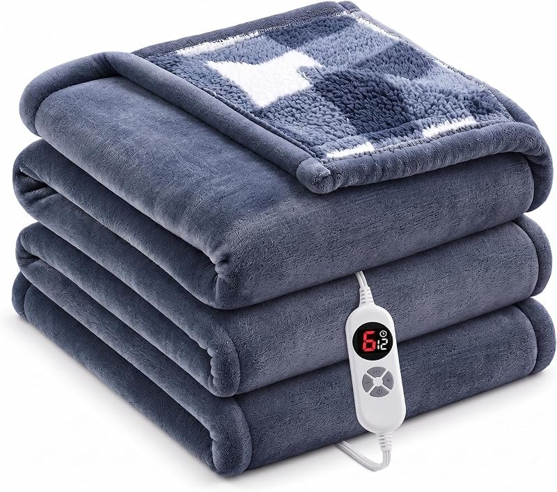 Heated Blanket Twin 62x84, Flannel & Sherpa, 6 Heat Levels 1-12H Timer — household heated blanket for household heated