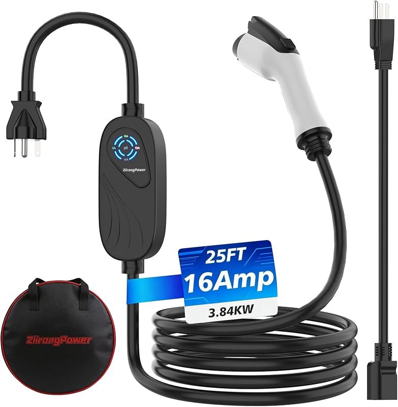 Level 1/2 Portable EV Charger, 25 FT Cable, 16A Auto-Adjustable Current — 16A J1772 EV charger for 16a j1772 charger