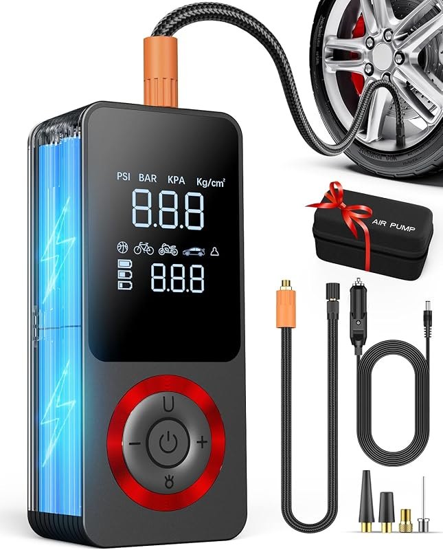 Tire Inflator Portable Air Compressor with Long Runtime, Type-C Charge, 12V Car Power Adapter for Car, Motorcycle