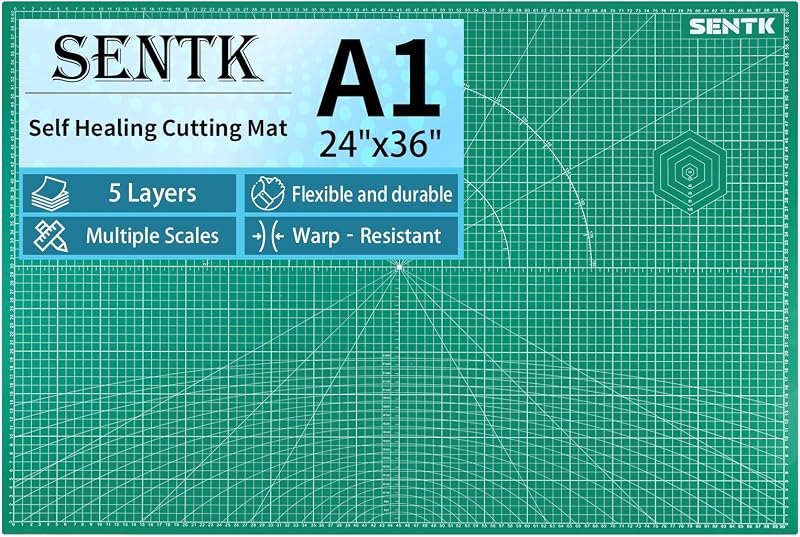 SENTK Upgraded A1 Thickened Self Healing Cutting Mat, 24" x 36" Large Double Sided 5-Ply Gridded PVC Fabric Cutting
