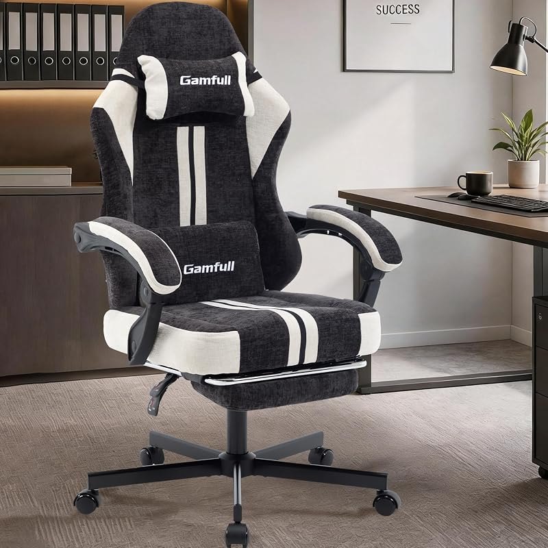 Fabric Gaming Chair for Adults,Video Game Chairs with Footrest,Black&White — best black mesh gaming chair for black