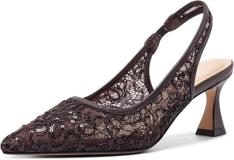 Womens Lace Mesh Slingback Heels Closed Pointed Toe Wedding Pumps Kitten Heel Bridal Dress Shoes 2.5 Inches Heels —
