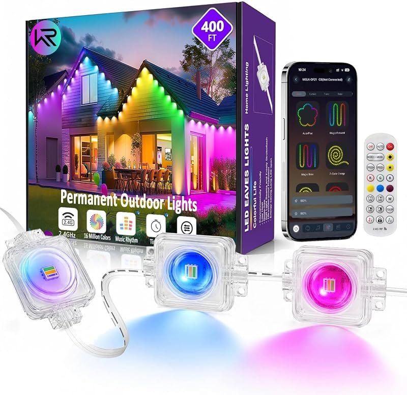 400FT Permanent Outdoor Lights, Smart RGB+IC Eaves Lights for House, App & Remote Control, LED Roofline Lights