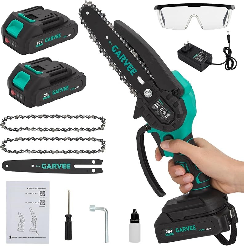 Garvee Mini Chainsaw Cordless, 6 Inch Chain Saw with 2×20V 1500mAh Battery — 20v cordless chainsaw for 20v cordless