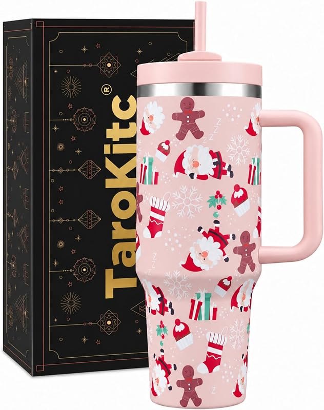 TaroKitc 40 oz Insulated Tumbler with Handle, Xmas Tumbler with Lid, Straw