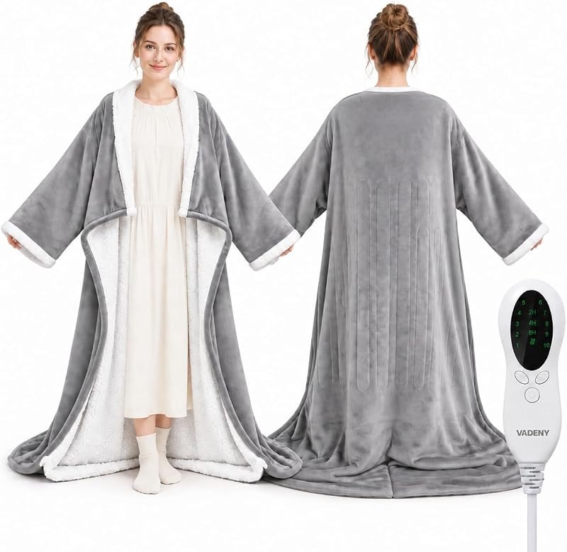 Wearable Heated Blanket Robe with Foot Pockets Electric Cozy Throw Wrap Adults 50 X 70 in Soft Flannel Plush Sherpa