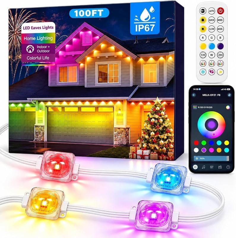 TOOWELL Permanent Outdoor Lights for House, 100FT RGBIC Christmas Lights — RGB under eave lights for rgb under eave