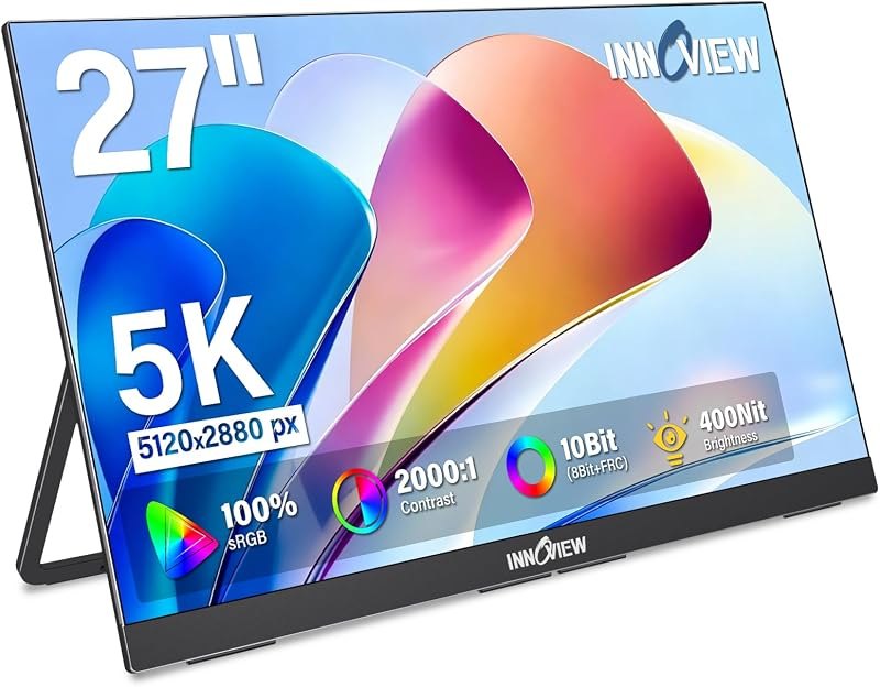InnoView 27 Inch 5K Portable Monitor 5120x2880 60Hz UHD IPS HDR, Large Portable Monitor for Laptop USB-C HDMI DP