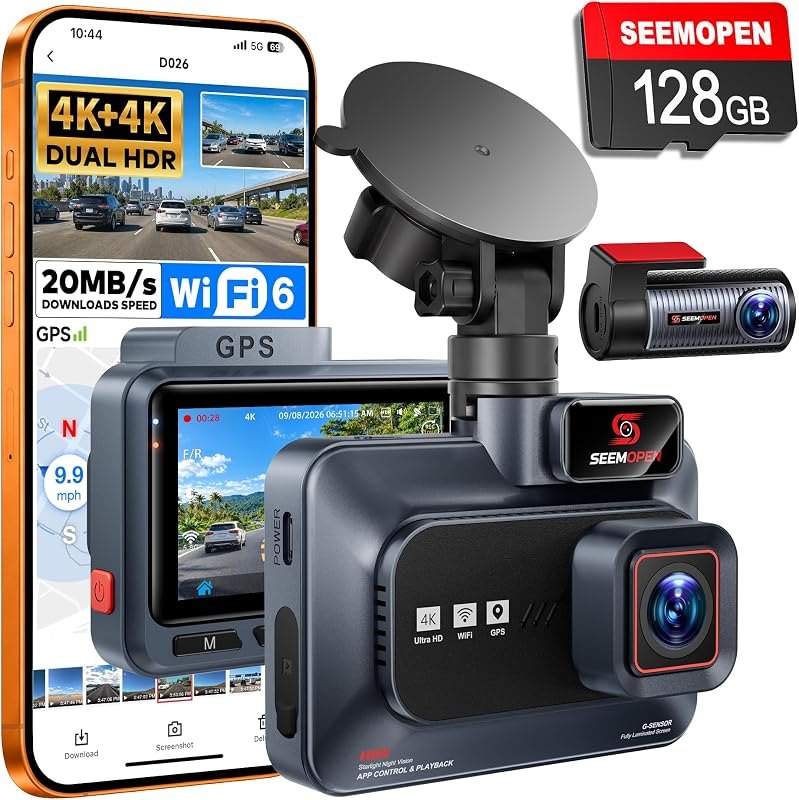 4K+4K Dash Cam Front and Rear, 2 HDR Night Vision, Free 128GB Card — best front and rear dash cam for front rear dash