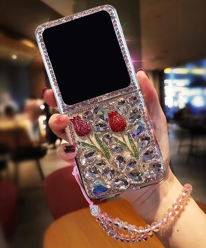 for Samsung Galaxy Z Flip 8 Bling Case Glitter Cute 3D Rose Flower,Pink — Galaxy Z Flip 8 strap for galaxy flip strap