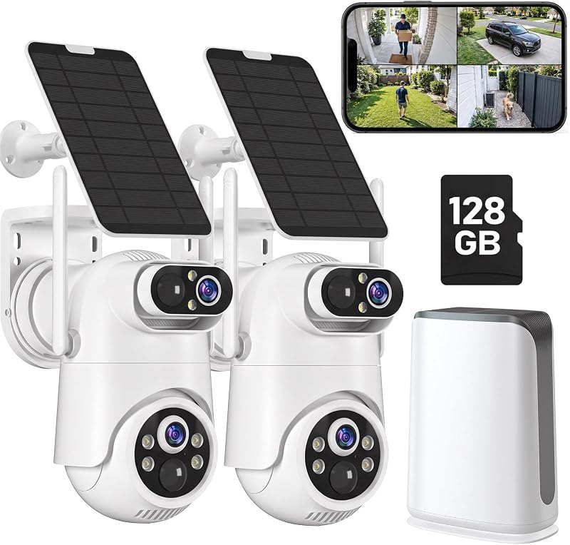 Solar Security Cameras Wireless Outdoor with Home Hub, No Subscription 128GB Local Storage, 2 Cam Kit 4 Views Dual-Len