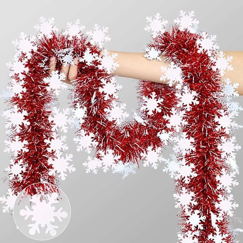 50 FT Christmas Decorations Tinsel Garland, Christmas Snowflake Garland Xmas Shiny Twist Metallic Garlands Decorations