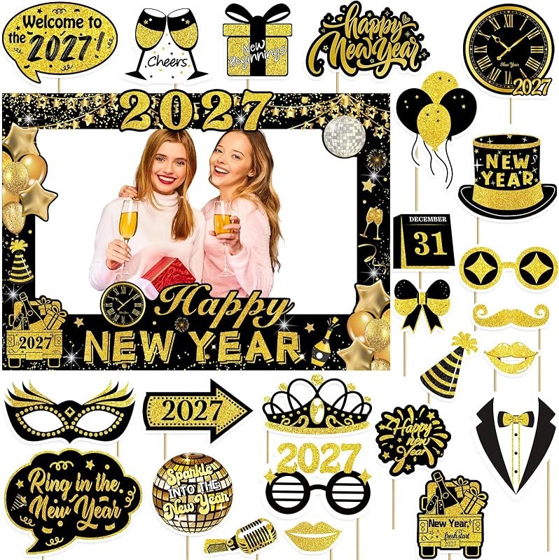 2027 Happy New Year Photo Booth Props Kit for New Year Eve Party — new years eve photo booth props for new years eve