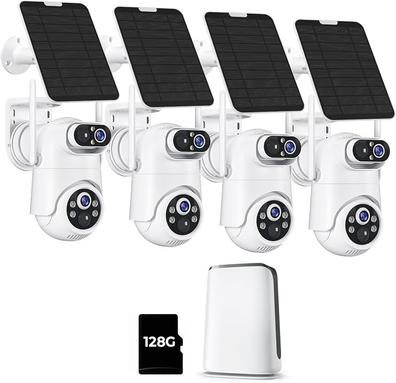 Security Cameras Wireless Outdoor No Monthly Fee, 4 Cam Kit Dual-Lens Solar Security Camera System,128GB Local
