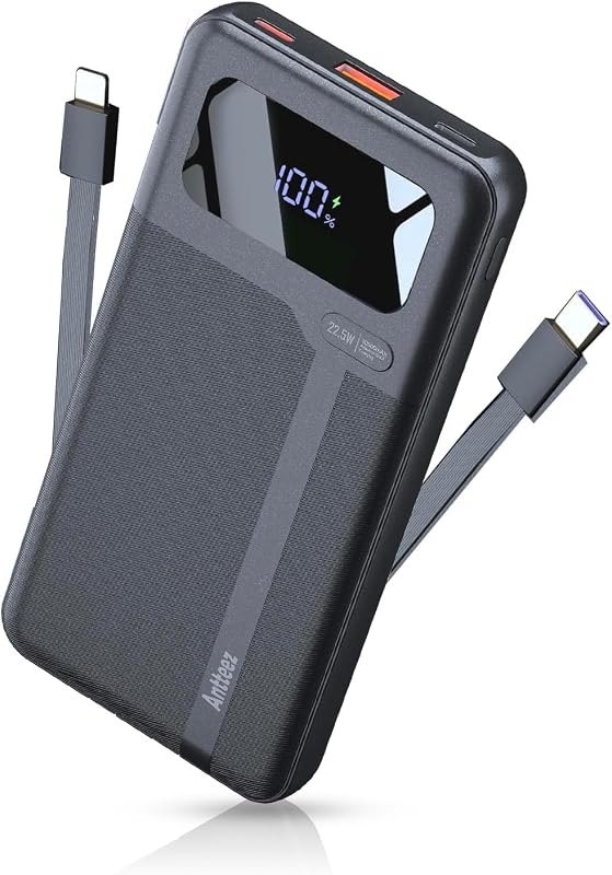 Antteez Portable Charger 10,000mAh, Power Bank Fast Charging with Built-in Cables, 22.5W USB C Travel Battery Pack