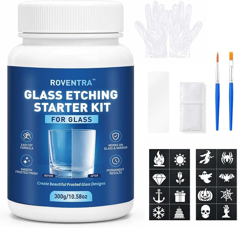 Glass Etching Cream Kit, Create Permanent Matte Frosted Glass Designs, Long-Lasting Etching Supplies with Stencils