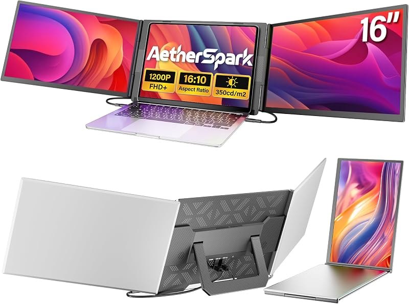 16" Laptop Screen Extender, 1200P FHD+ Triple Portable Monitor for Laptops, Ultra-Slim Travel Monitor for 12