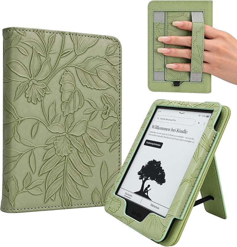 EJU Case for Basic Kindle 2022 2024, Green Embossed Flower Book Cover Strap — Kindle Paperwhite 11th gen case for