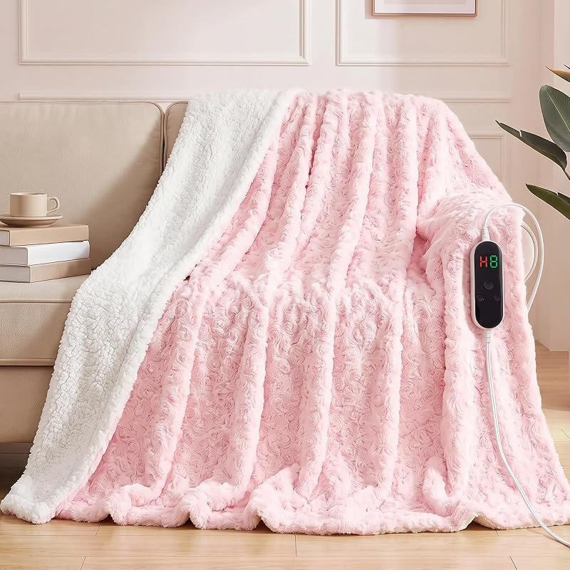 Heated Blanket Electric Throw 50"x60",3D Flower Soft Fleece Fast Heating Electric Blanket with 10 Heating Settings