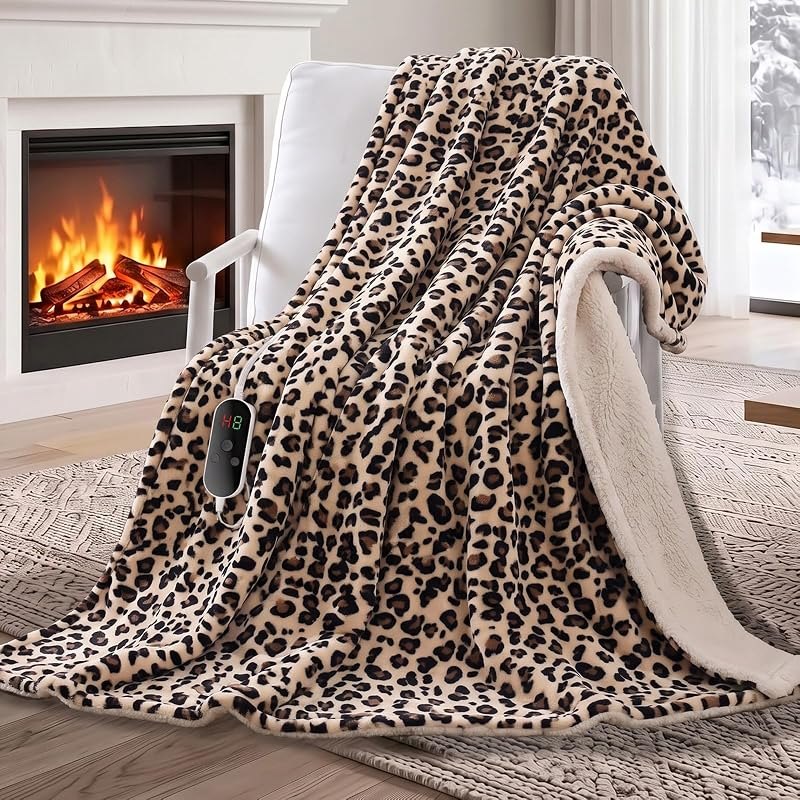 Heated Blanket Electric Throw 50"x60", Cheetah Print, Soft Fleece Fast Heating Electric Blanket with 10 Heating