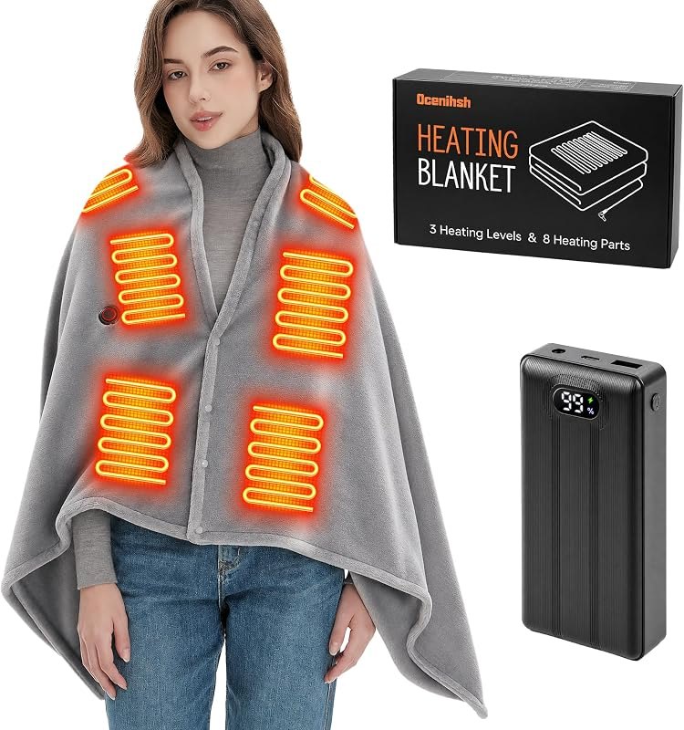 Battery Powered Heated Blanket Cordless, 20000mAh Rechargeable Electric Wearable Throw with 8 Heating Zones, 3 Heat