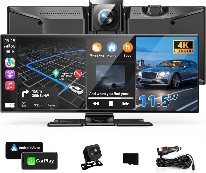11.5" Wireless Carplay Screen for Car, Portable A pple Carplay & Android Auto Touch Screen, 4K Dash Cam, App Control