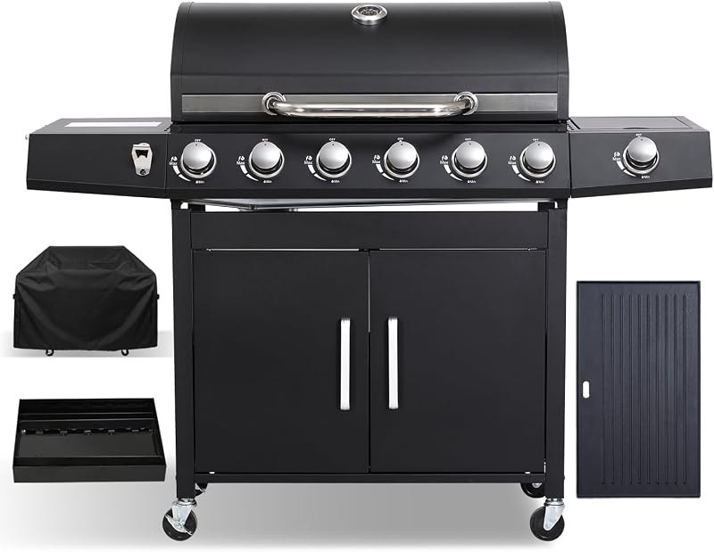 6-Burner Gas Grill with Side Burner, Griddle Combo, 69K BTU — gas grill grease management system for gas grill grease