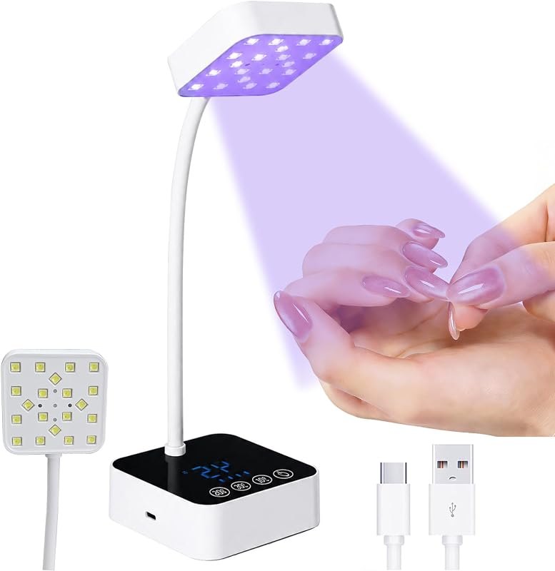 UV LED Nail Lamp for Gel Nails Polish, 20 Beads Flash Cure 60W Cordless Gooseneck Mini Nails Light, Quick Dryer with 3