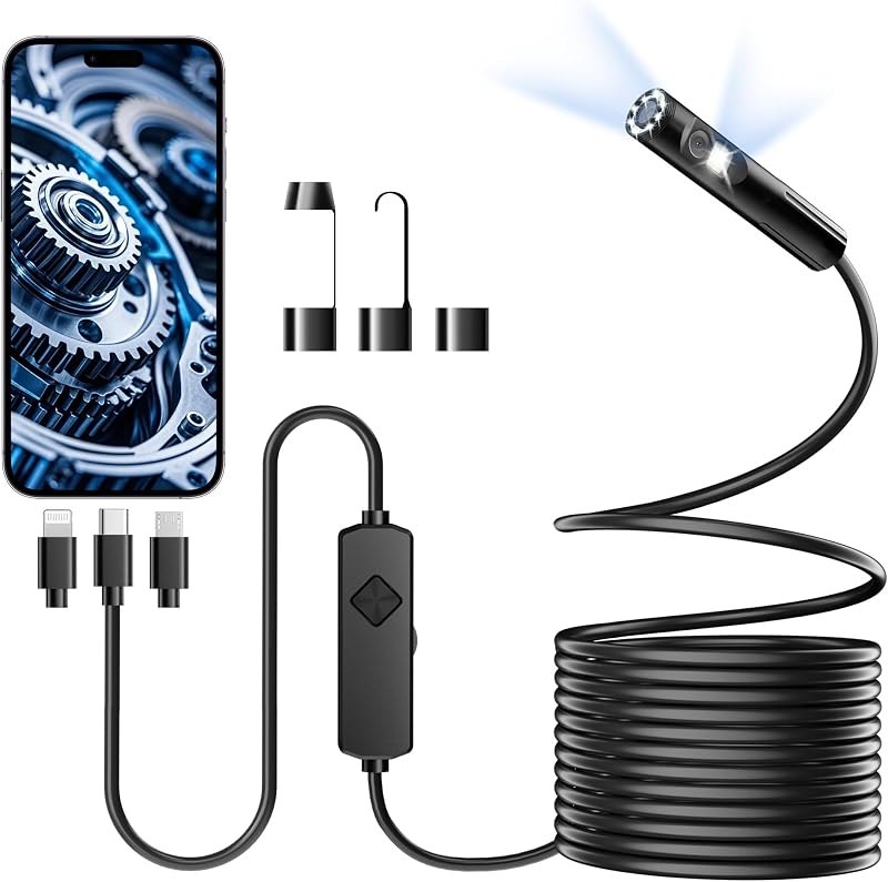 Endoscope Camera with Light, IP67 Waterproof Inspection Camera, HD Borescope Inspection Camera with 8 Adjustable LEDs