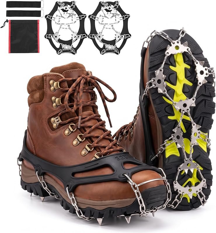 Crampons, Ice Cleats Traction Snow Grips with 32 Stainless Steel Spikes — snow traction cleats for snow traction cleats