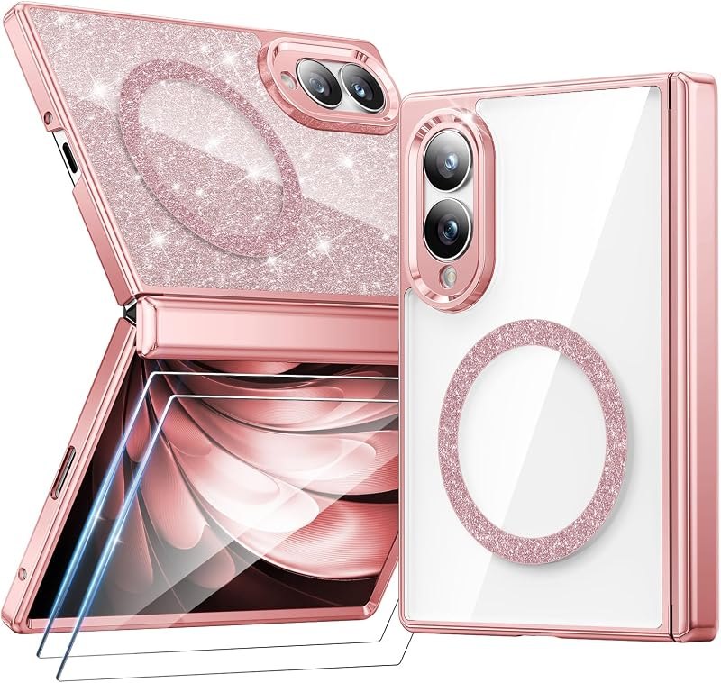 Meifigno for Galaxy Z Fold 8 Case with Glitter Magnetic Ring, Rose Gold — Galaxy Z Fold 8 hinge protector for galaxy