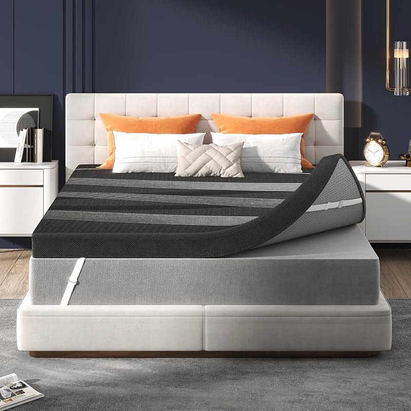3 Inch Queen Mattress Topper Memory Foam, Cooling Gel & Non-Slip Straps — gel latex mattress topper for gel latex