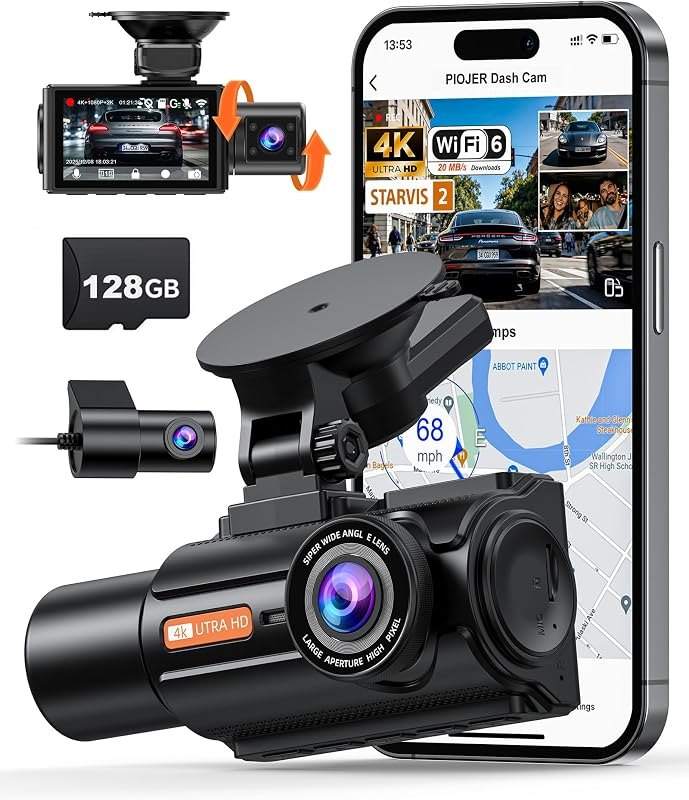 3 Channel 4K Dash Cam with STARVIS 2, 128GB Card Included, WiFi 6, GPS — best front and rear dash cam for front rear