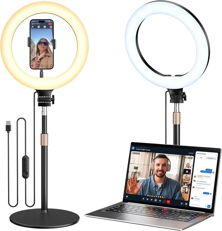 10" Desk Ring Light with Stand for Computer, Dimmable Selfie Ring Light with Heavy Metal Base for Video Conference