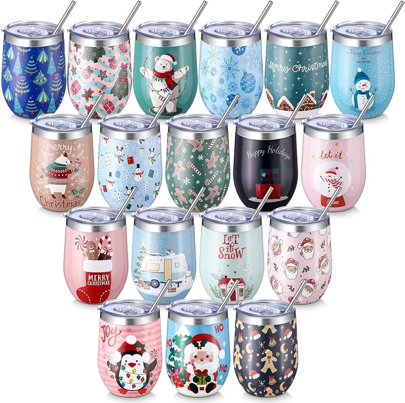 Sliner 18 Pack Christmas Wine Tumblers Bulk with Lid Straw, Vivid — 12 oz coffee tumbler for coffee tumbler