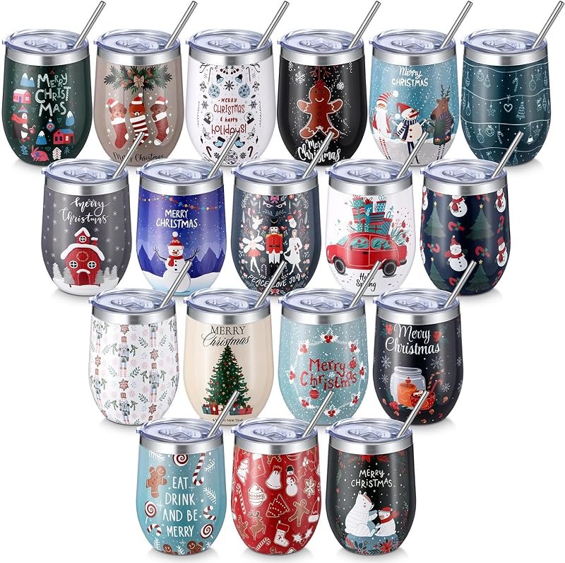 Sliner 18 Pack Christmas Wine Tumblers Bulk with Lid Straw, Vibrant — best 12 oz coffee tumbler for coffee tumbler