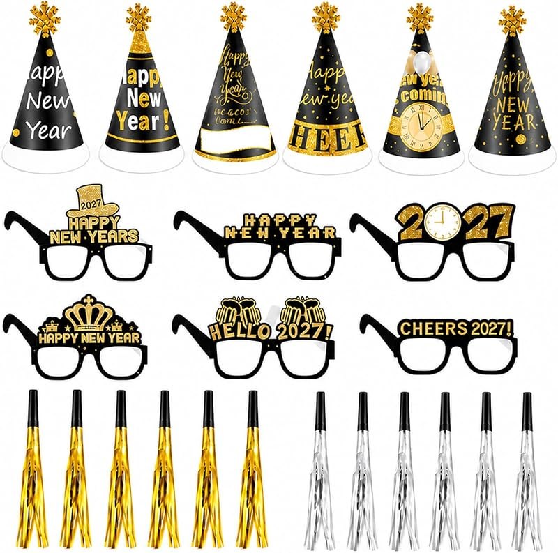 24PCS New Years Eve Party Supplies Set, Happy New Year 2027 Photo Booth Kit with Party Hats, Glasses and Blowouts