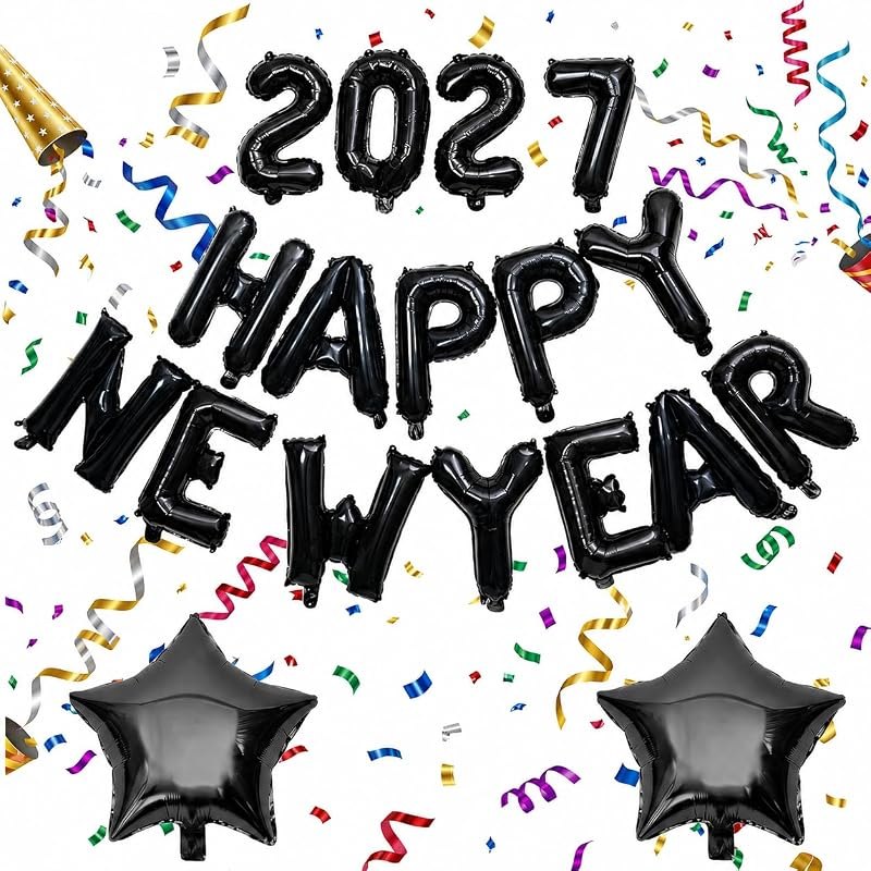 18 Pcs 16 Inch Black 2027 Happy New Year Balloons Winter Party Decorations — new years eve confetti for new years eve
