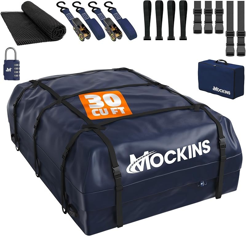 Mockins 30 Cu Ft Navy Blue Heavy-Duty Soft Shell Rooftop Cargo Carrier Bag — overlanding roof bag for overlanding roof