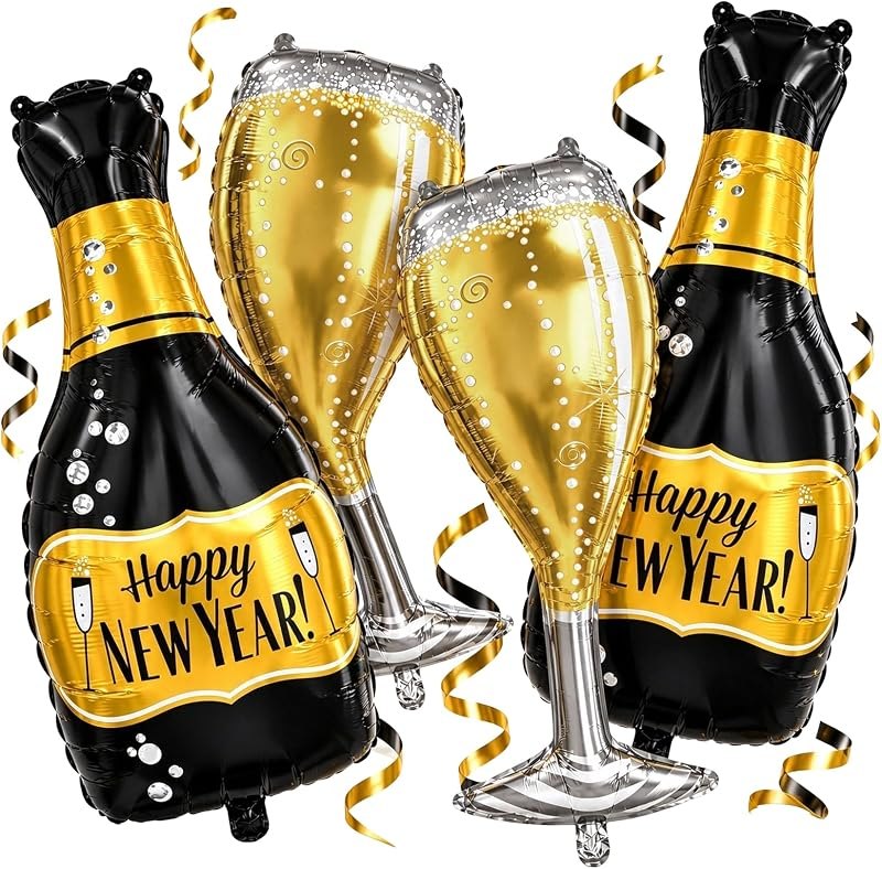 4 Pack Black Champagne Bottles Wine Glasses Balloons New Years Decorations — new years eve champagne bucket for new
