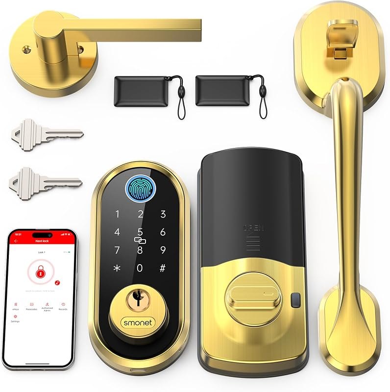 SMONET Fingerprint Smart Lock Front Door Handle Set Digital Deadbolt Gold — smart door lock for smart door lock