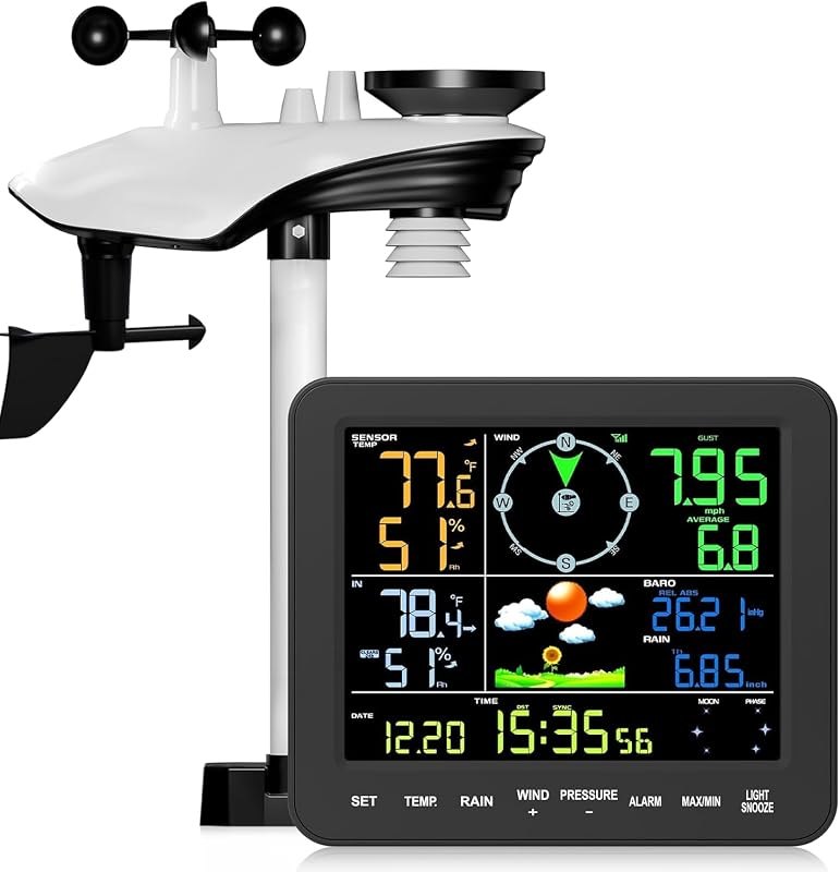 Weather Station Wireless Indoor Outdoor, Home Weather Station with Rain Gauge, 7.5" Color Display Wireless Weather