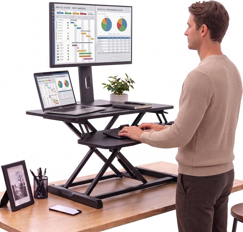 Perfect POSTURE Height Adjustable Standing Desk Converter-32 Monitor Riser — height adjustable desk riser for height