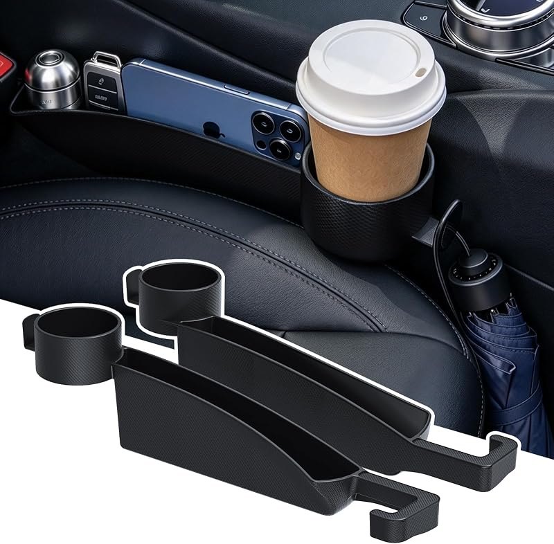 2 Pack Car Seat Gap Filler with Cup Holder & Hook, Large Capacity Storage — seat gap filler with cup holder for seat